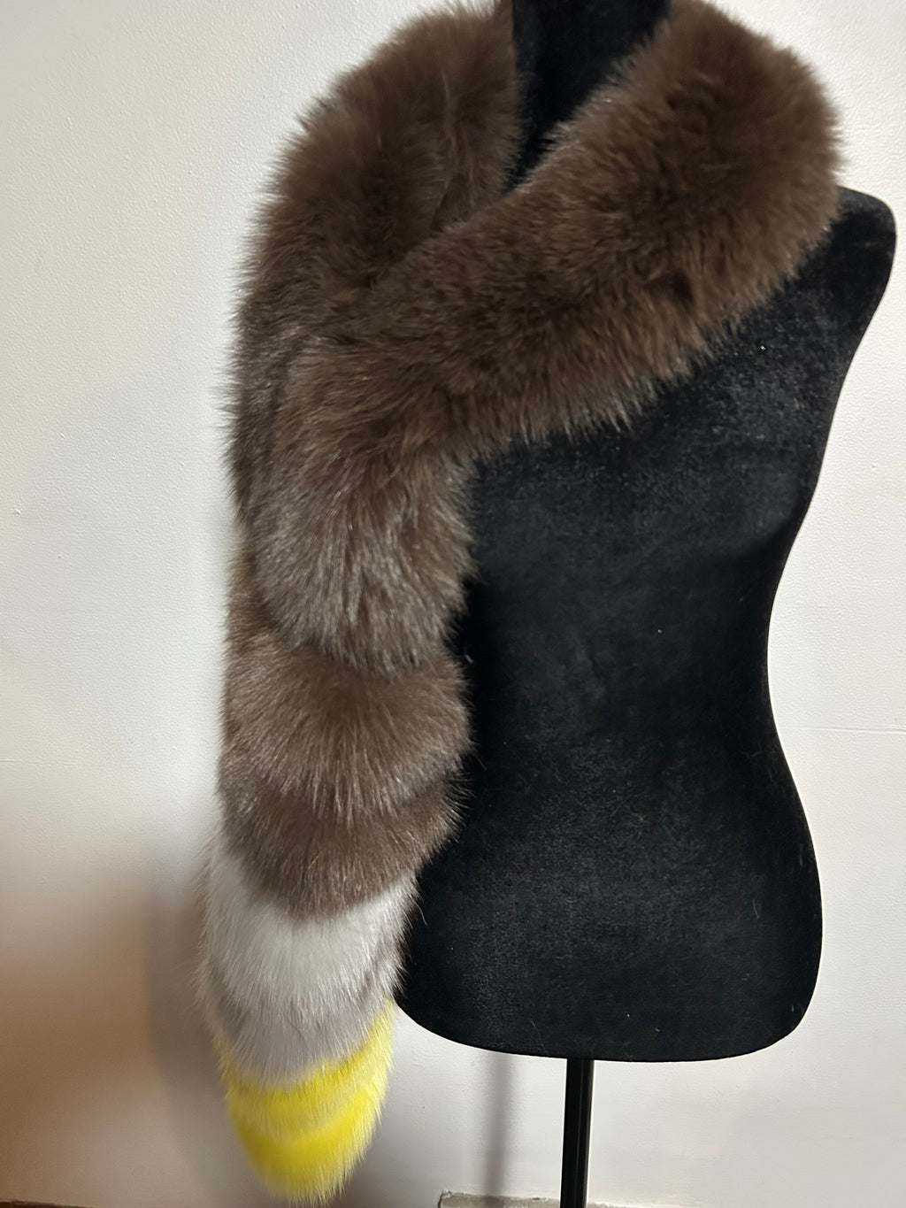 Elegant Brown Gray and Yellow Fox Fur Scarf One Sleeve