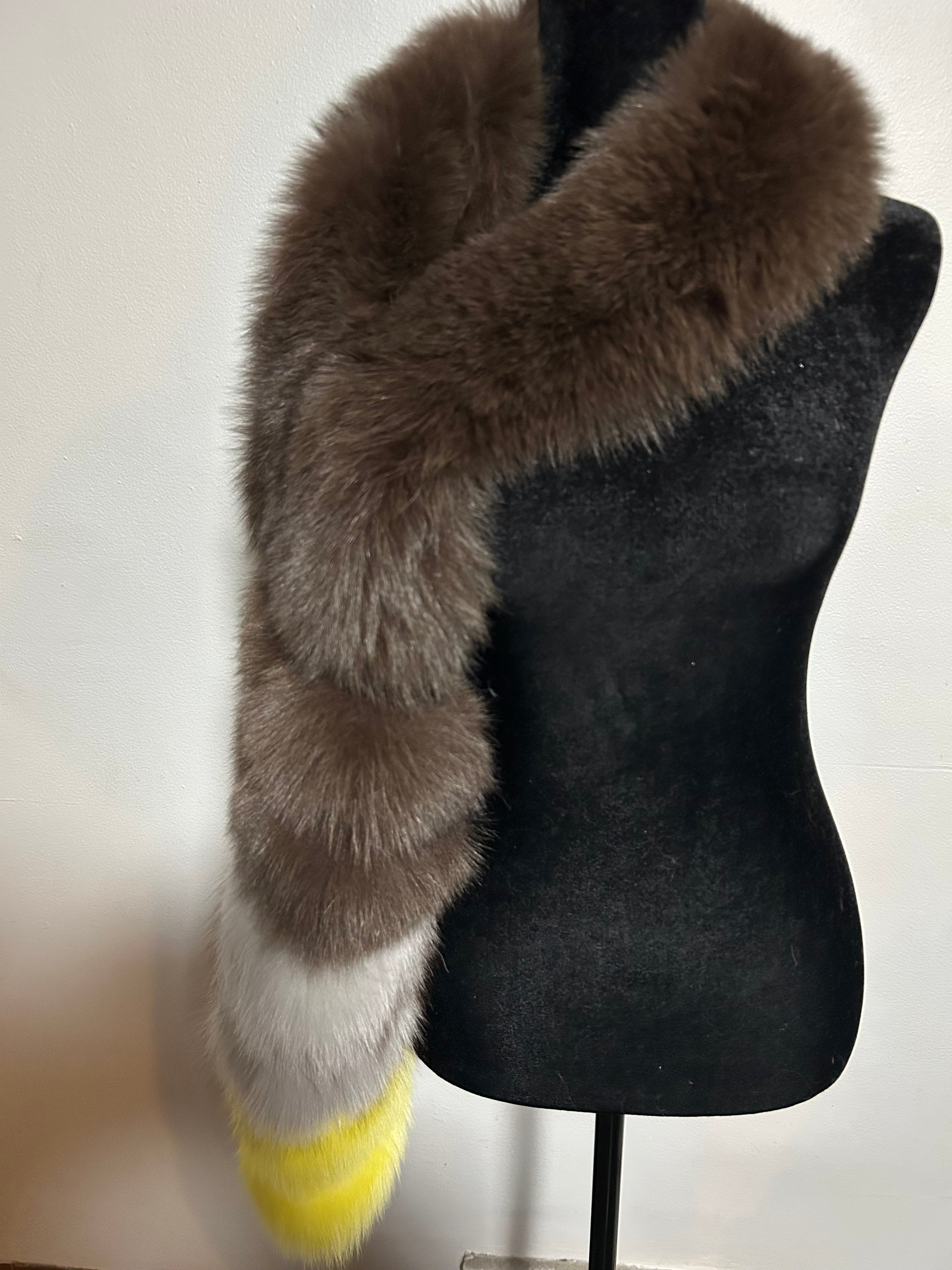 Elegant Brown Gray and Yellow Fox Fur Scarf One Sleeve