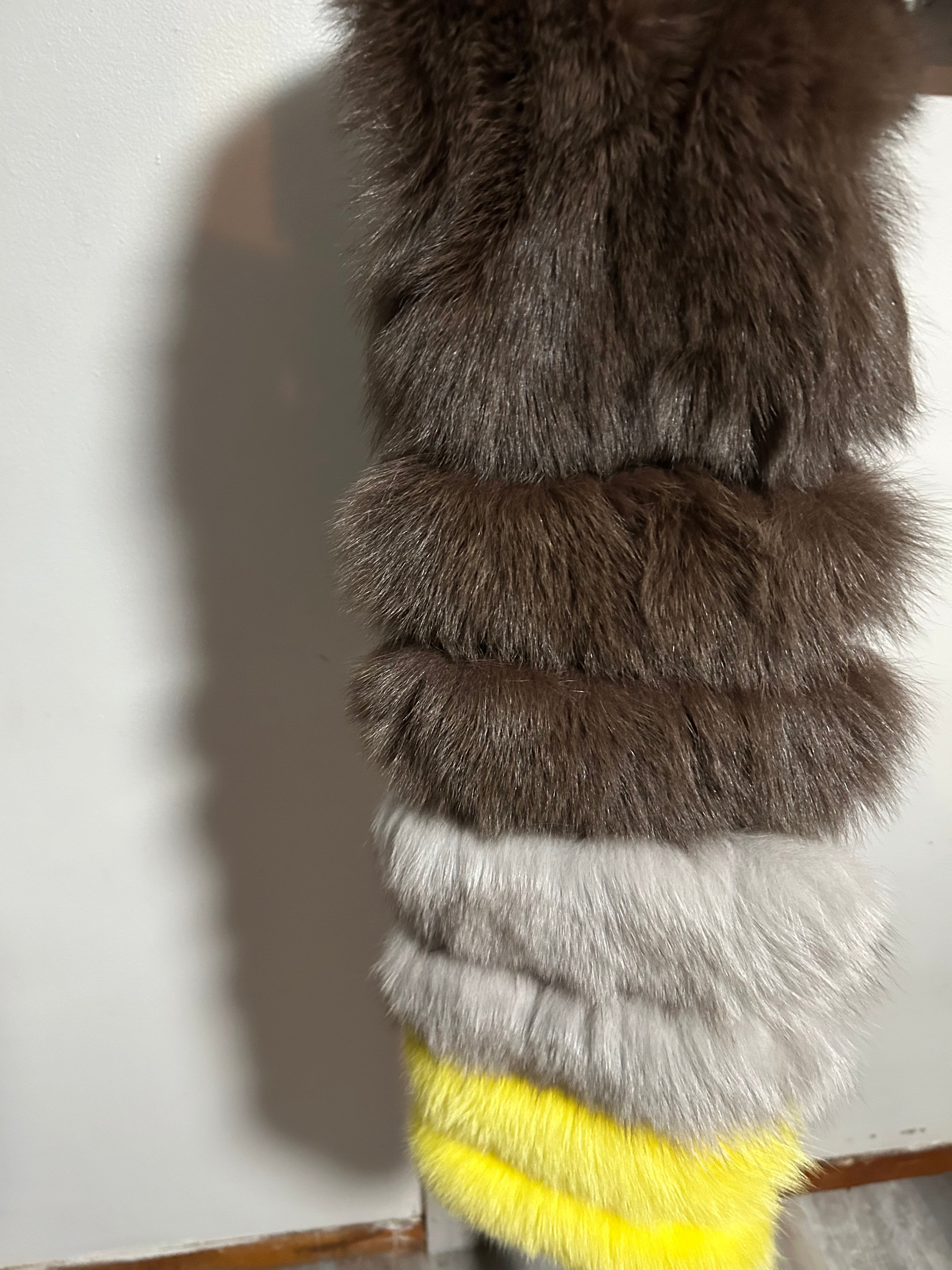 Elegant Brown Gray and Yellow Fox Fur Scarf One Sleeve