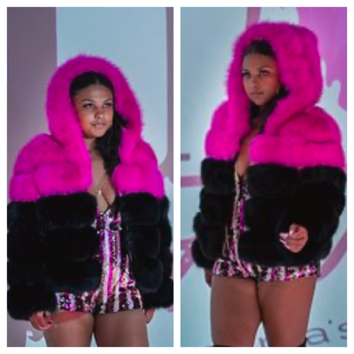 2 Tone Hot pink and Black Fox Fur Jacket