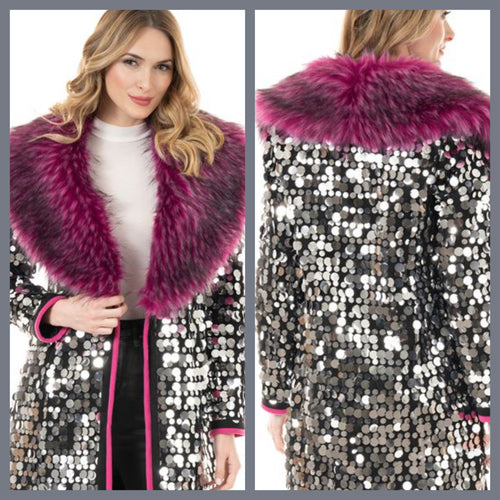 New Faux Fur Pink Sequin Coat